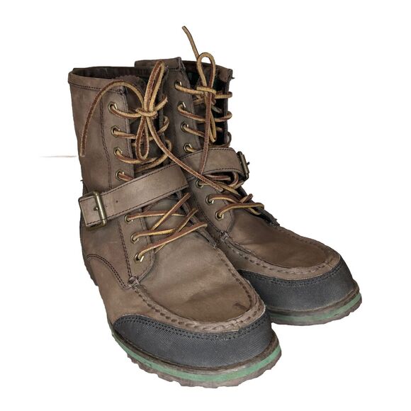 Polo Ralph Lauren Mens 10 D Ranger Boots Brown Woolton Lace Up Buckle Leather - Picture 1 of 11